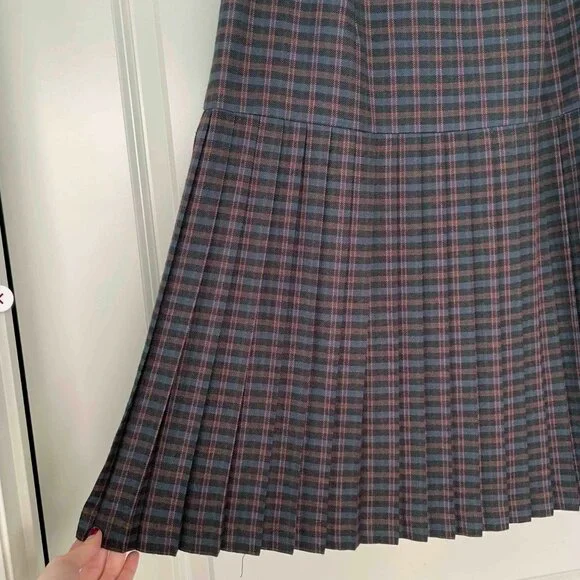 Navy Blue Wool Plaid Midi Skirt (29'') - Picture 5 of 7